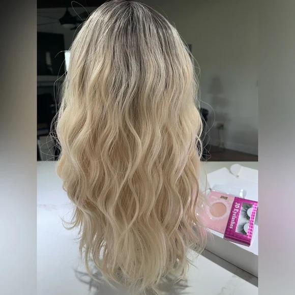 HAIR, 16” Wavy, Center Part, Curtain Bangs, with Eyelashes Ombre to Blonde - Picture 3 of 12